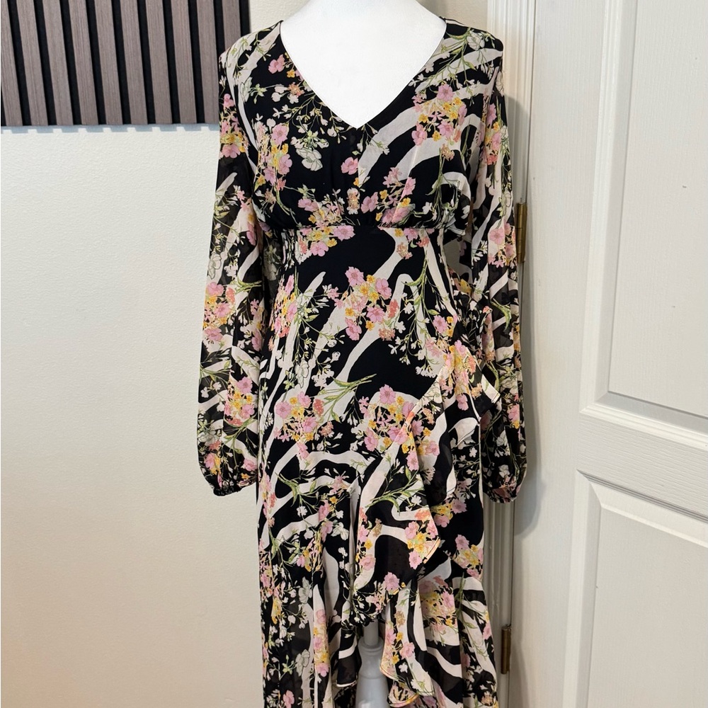 Guess Black Tan Long Sleeve V-Neck Sundress